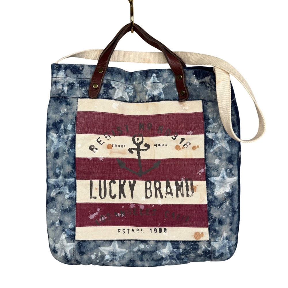 Lucky Brand Tie Dye Distressed Tote Bag Red White‎ Blue Leather Handles Large